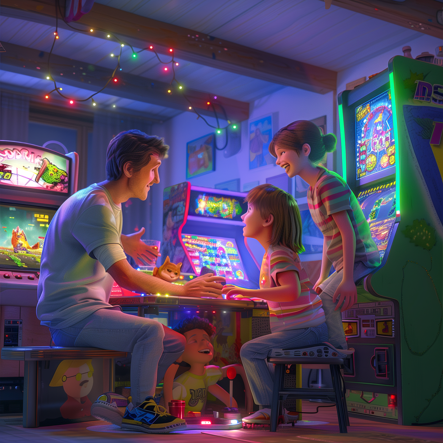 Pixar style animation of a joyful family sitting, playing an arcade game together