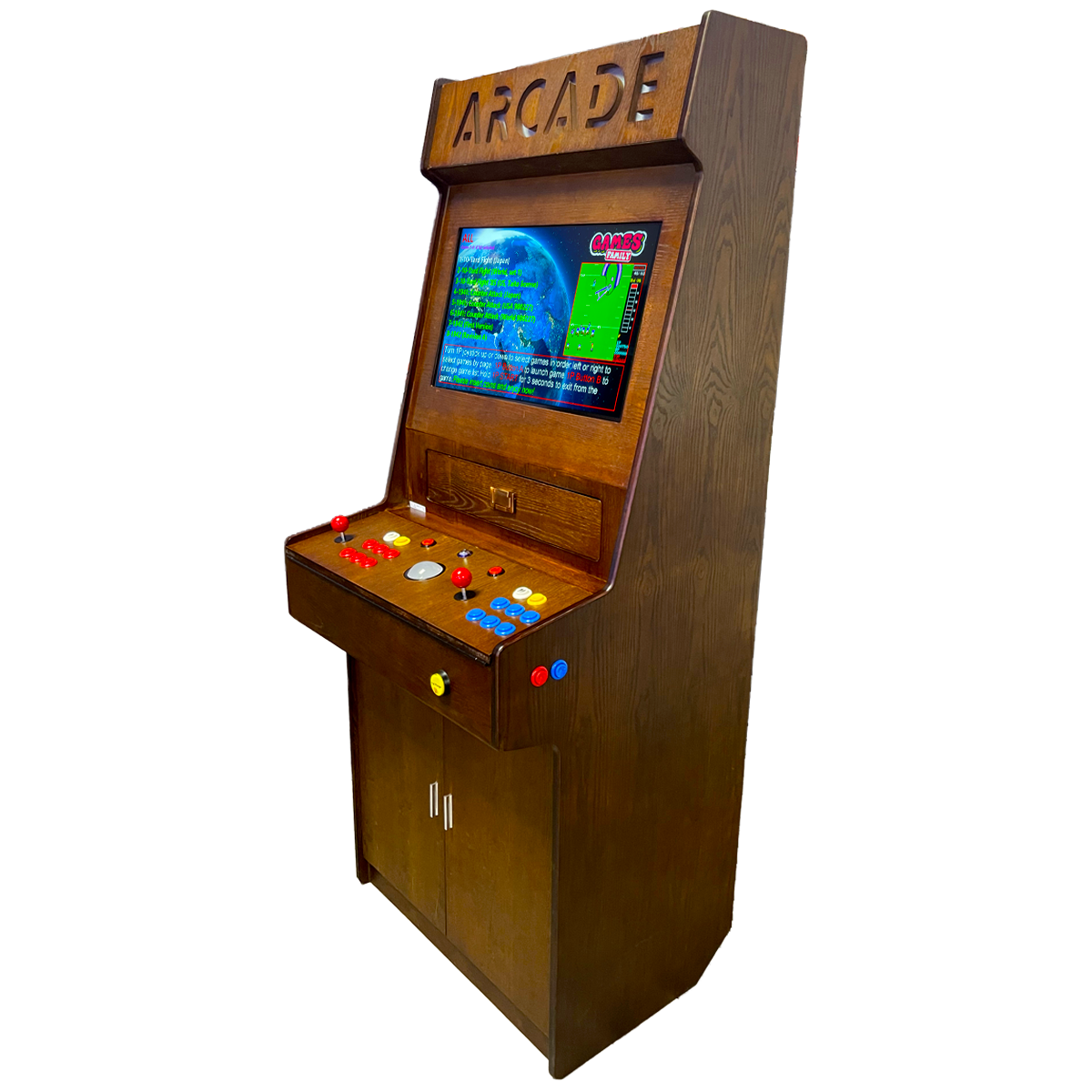 Full-sized two player upright arcade game with wood grain finish (7,000+ games)