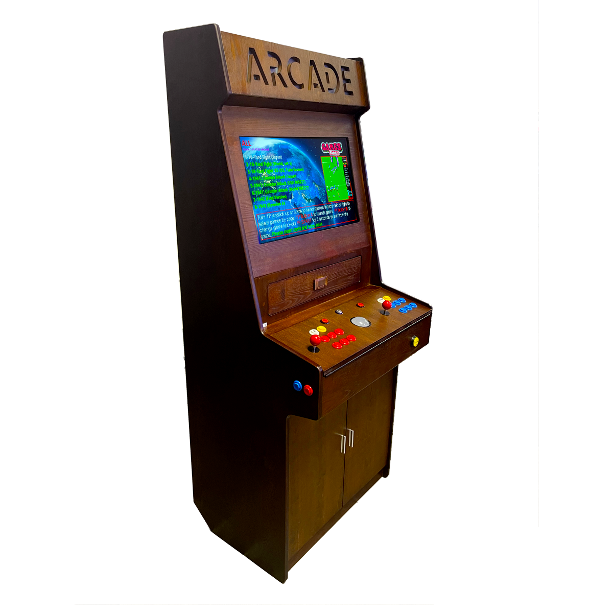 Full-sized two player upright arcade game with wood grain finish (7,000+ games)